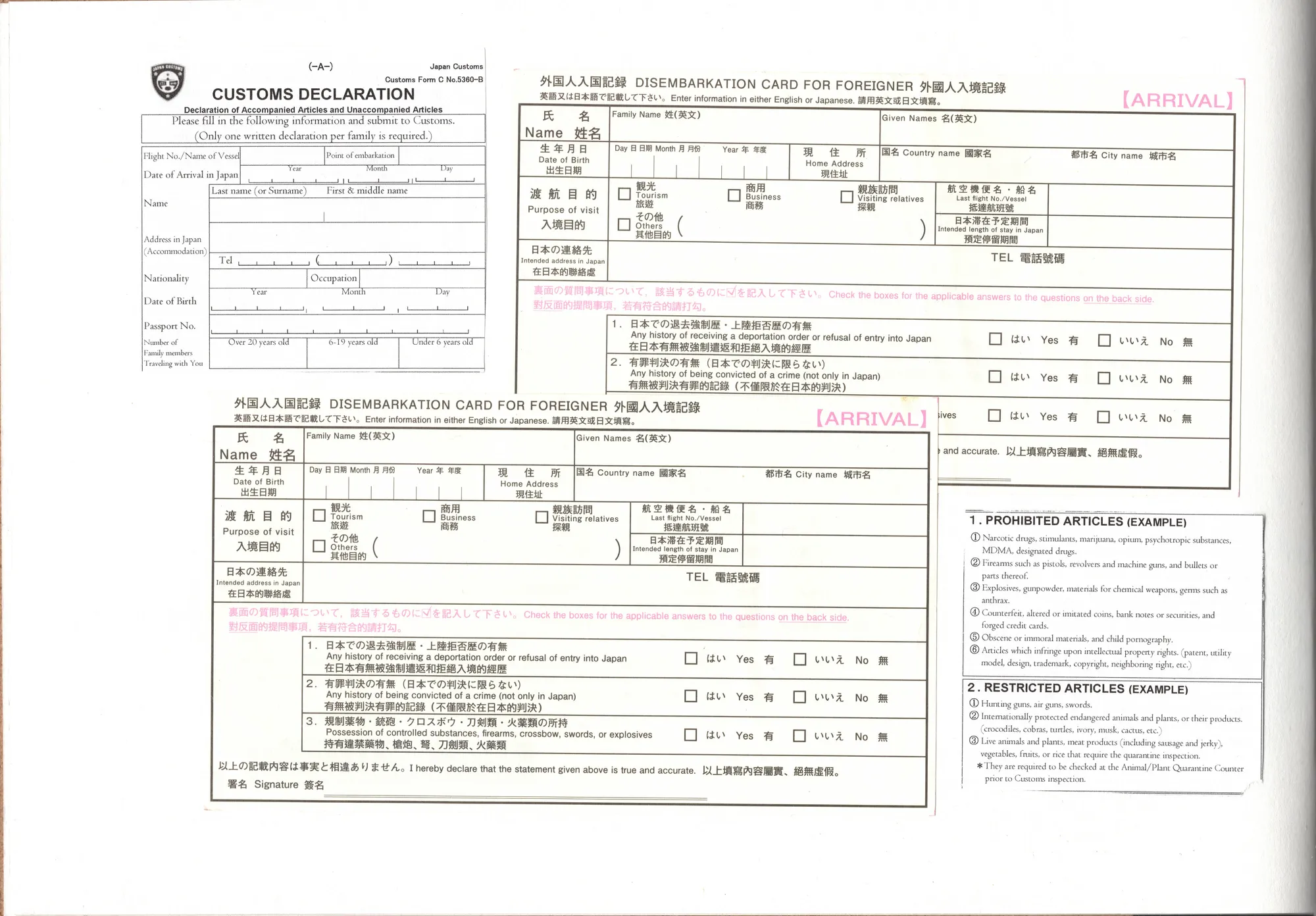 Customs forms — Japan